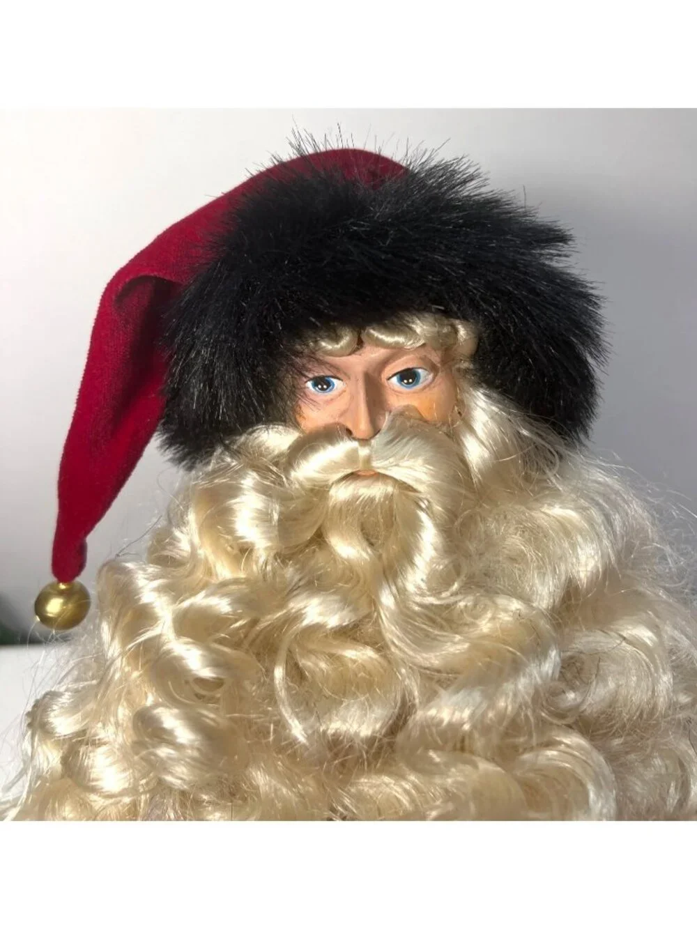 Vintage Santa Claus Head With Faux Fur Hat & Curly Beard